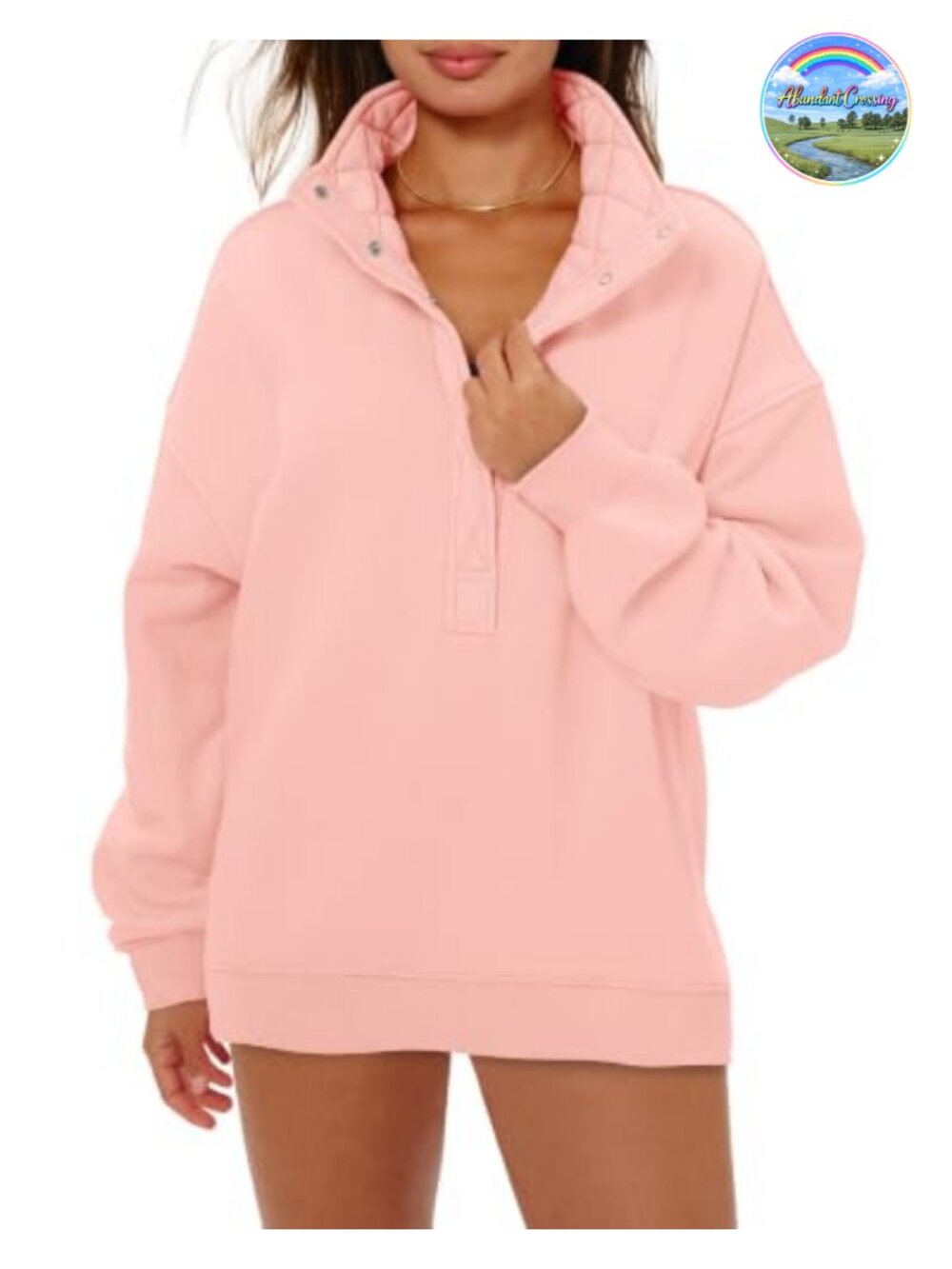 Women's Oversized Henley Neck Cotton Blend Fleece Pullover Sweatshirt
